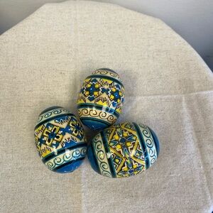Wooden Easter Eggs with Blue and Yellow Patterns., set of 3
